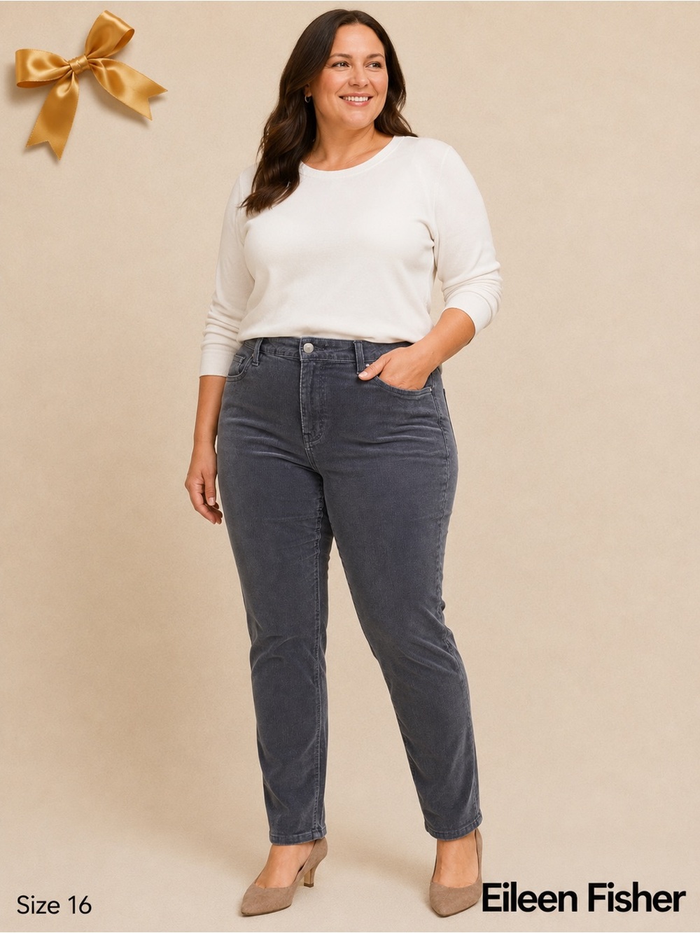 Eileen Fisher Organic Cotton Skinny Corduroy Pants Gray Size 16 NWT